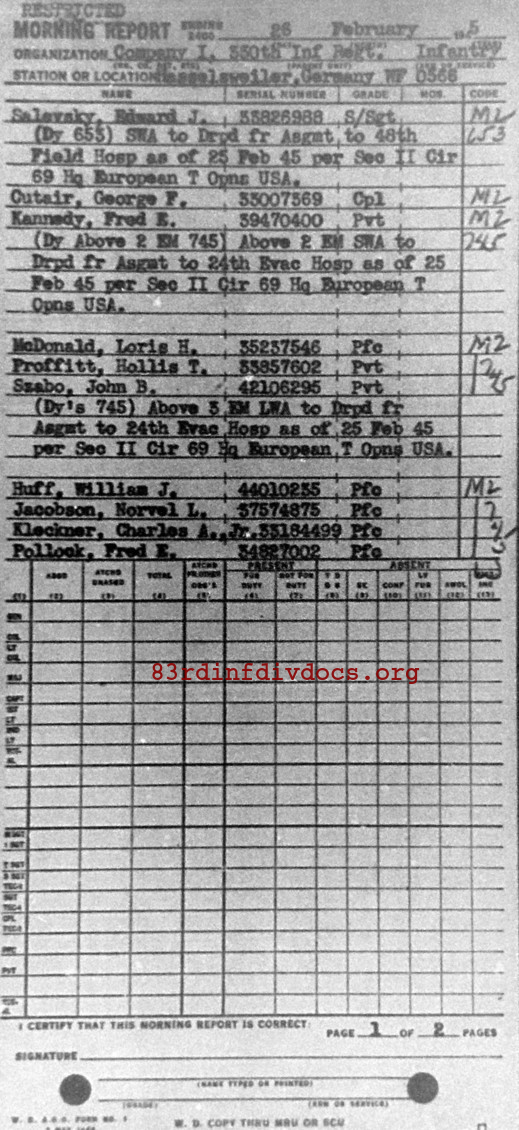 Morning report I Co, 1945-02-26, page 1 Morning report