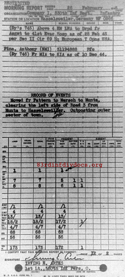 Morning report I Co, 1945-02-26, page 2 Morning report