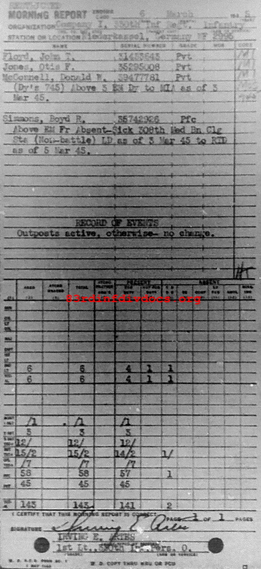 Morning report I Co, 1945-03-06, page 1 Morning report