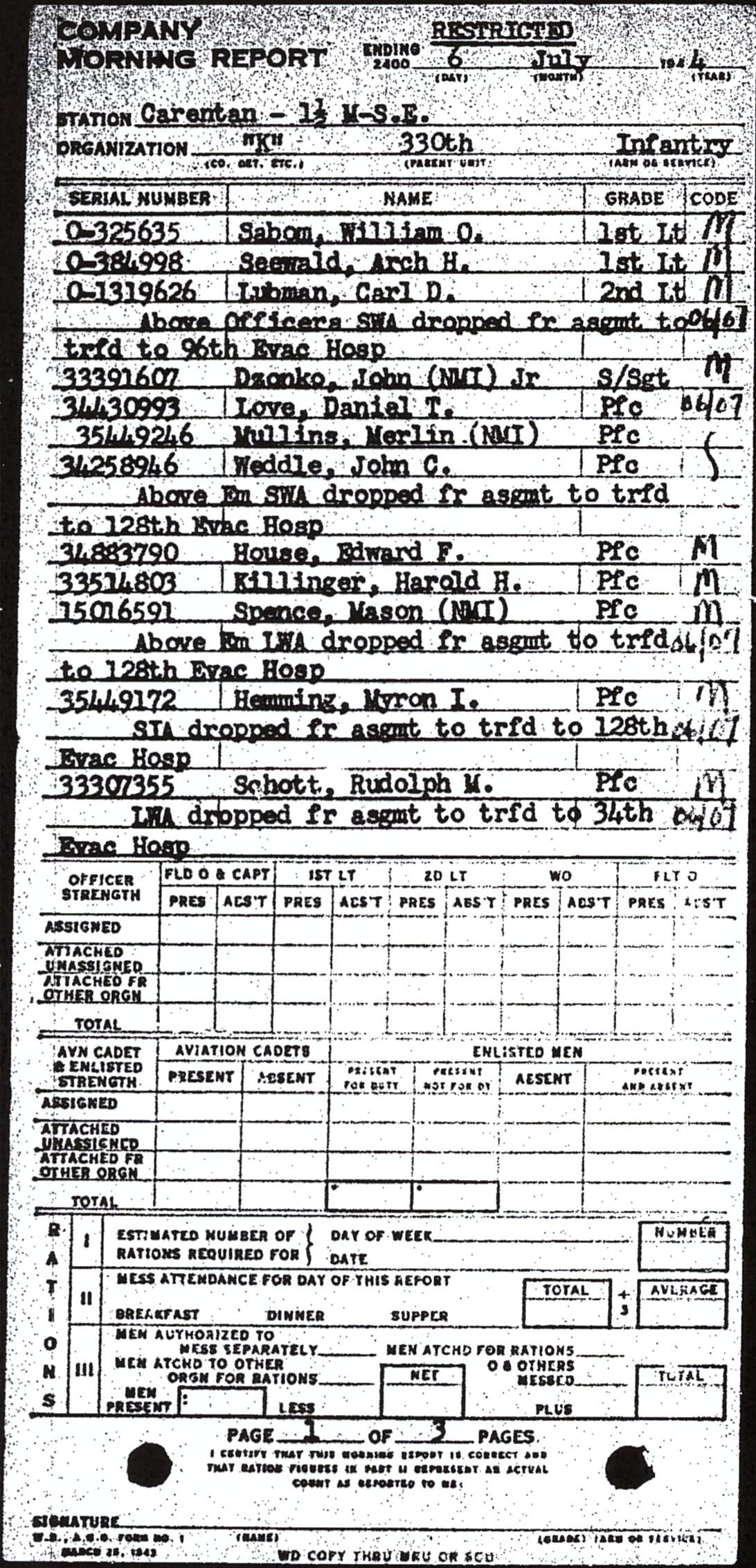 Morning report K Co, 1944-07-06, page 1 Morning report