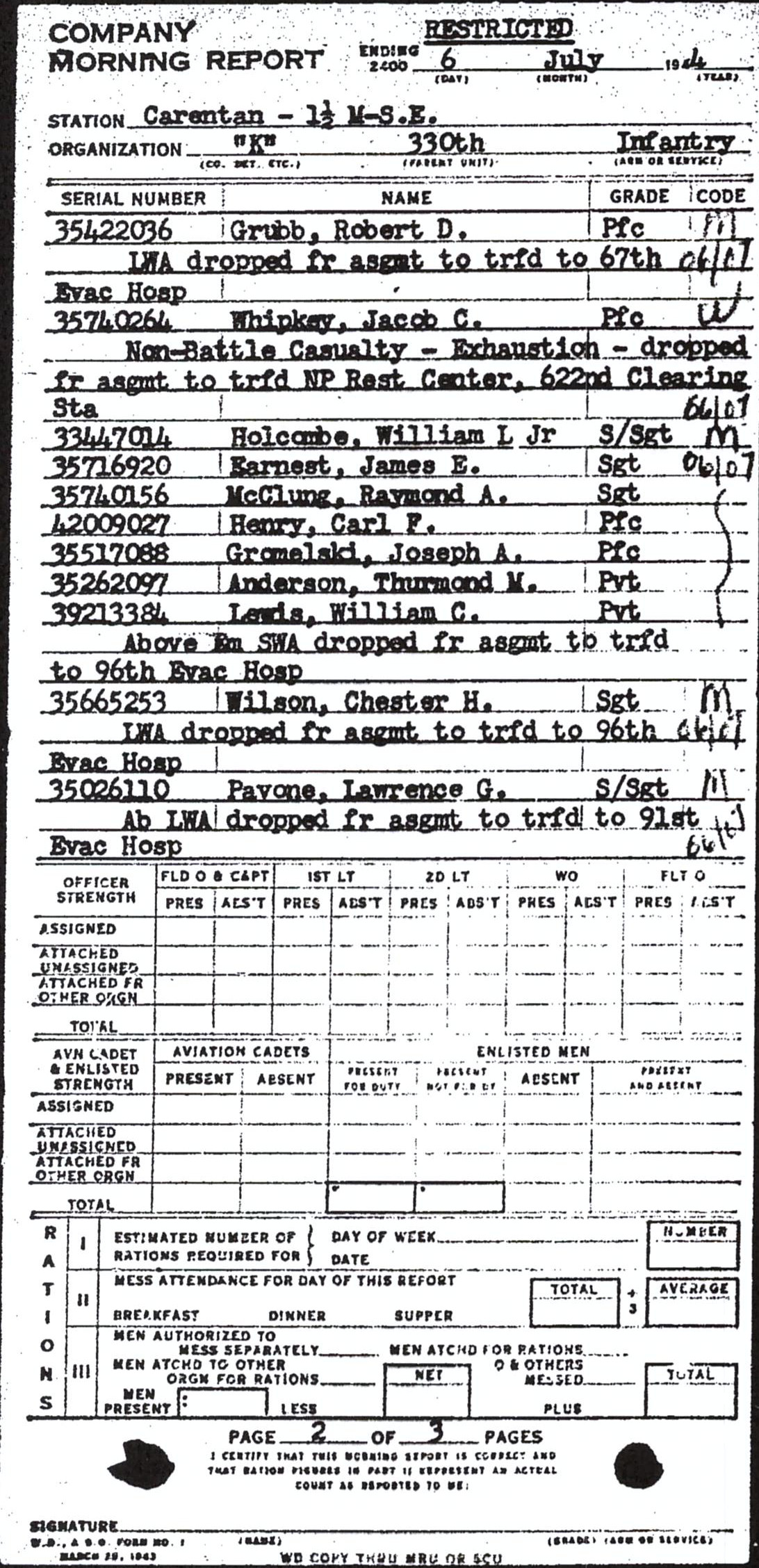 Morning report K Co, 1944-07-06, page 2 Morning report