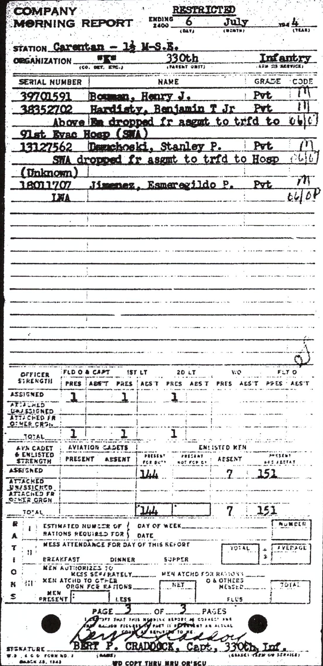Morning report K Co, 1944-07-06, page 3 Morning report