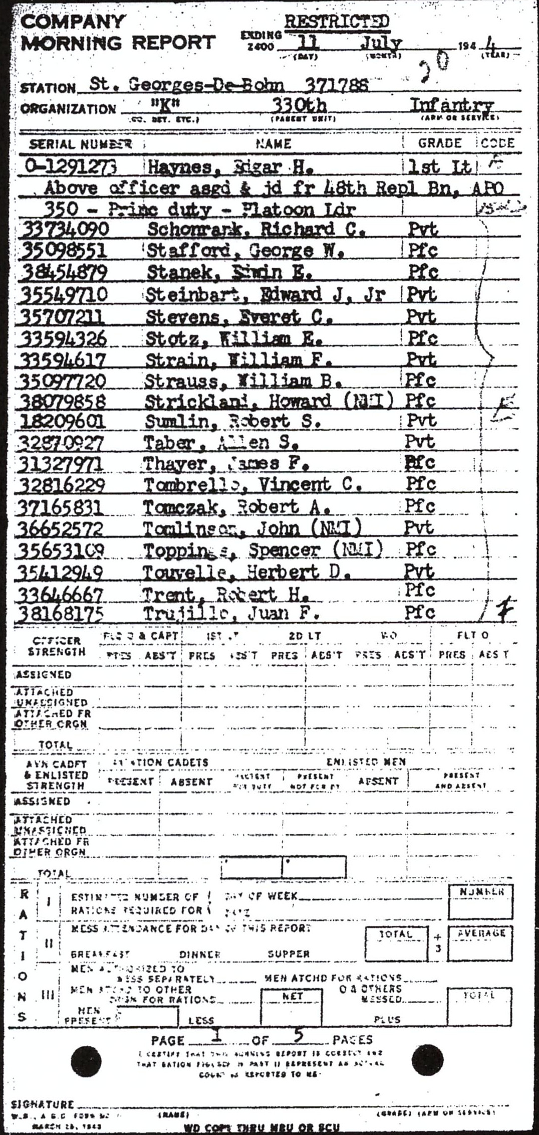 Morning report K Co, 1944-07-11, page 1 Morning report