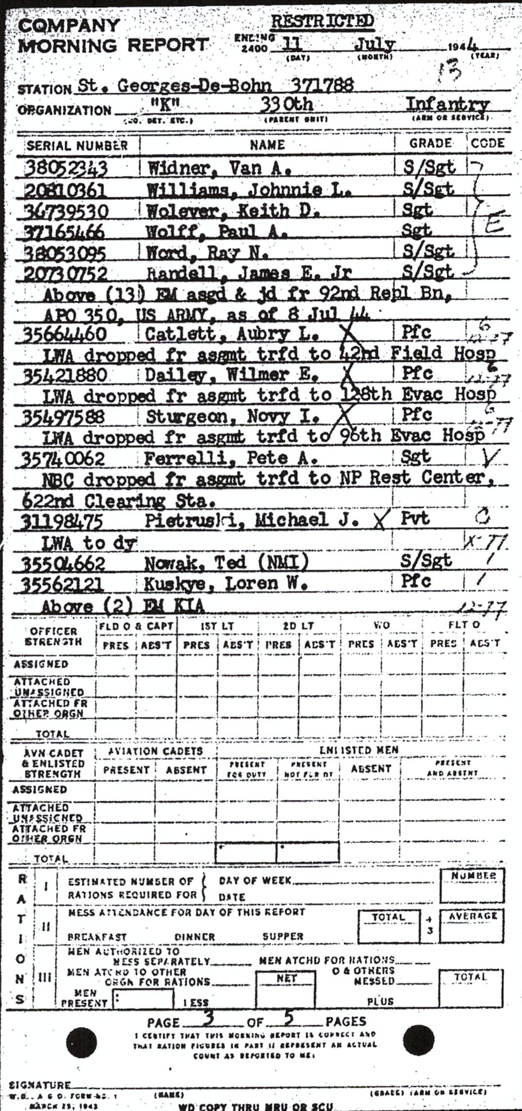Morning report K Co, 1944-07-11, page 3 Morning report