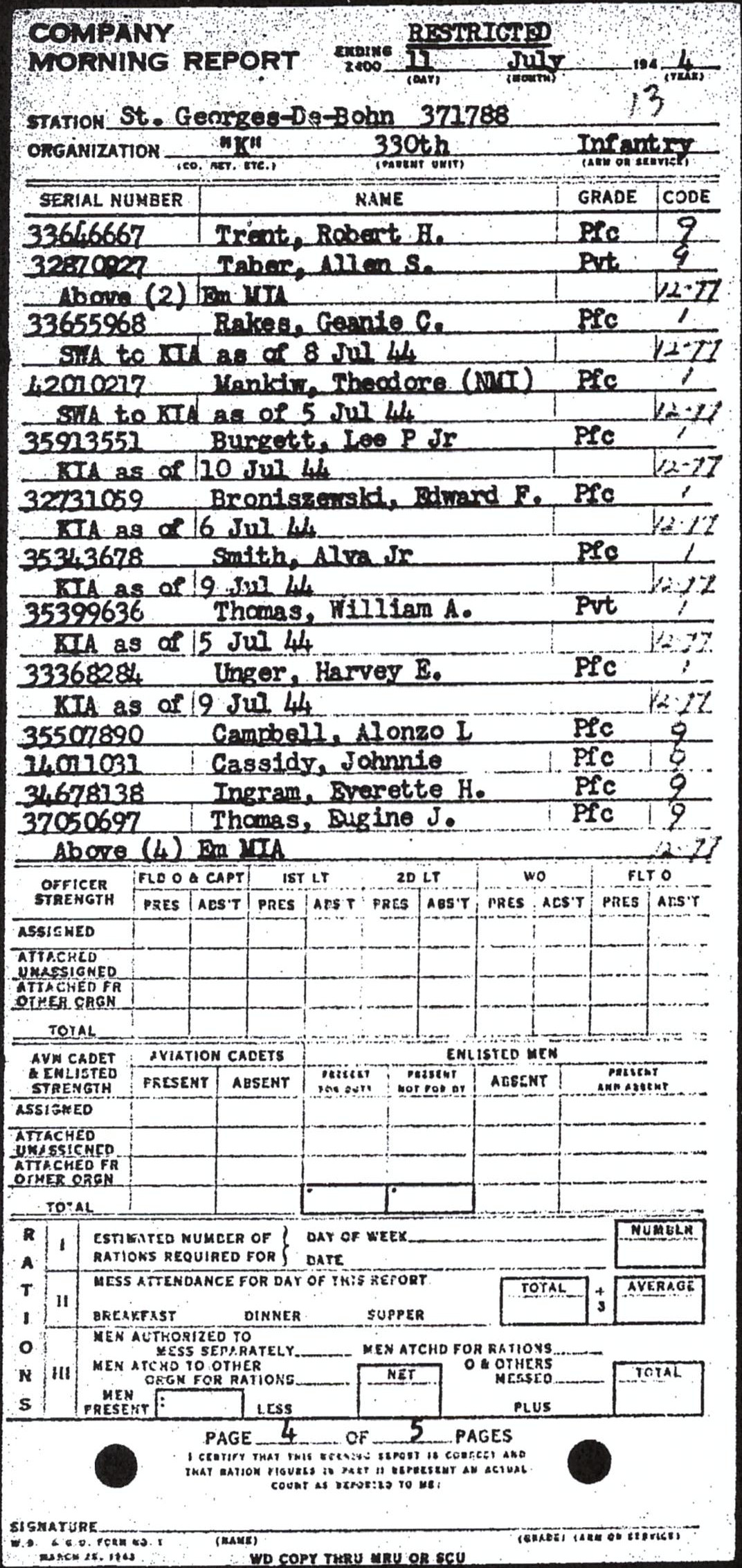 Morning report K Co, 1944-07-11, page 4 Morning report