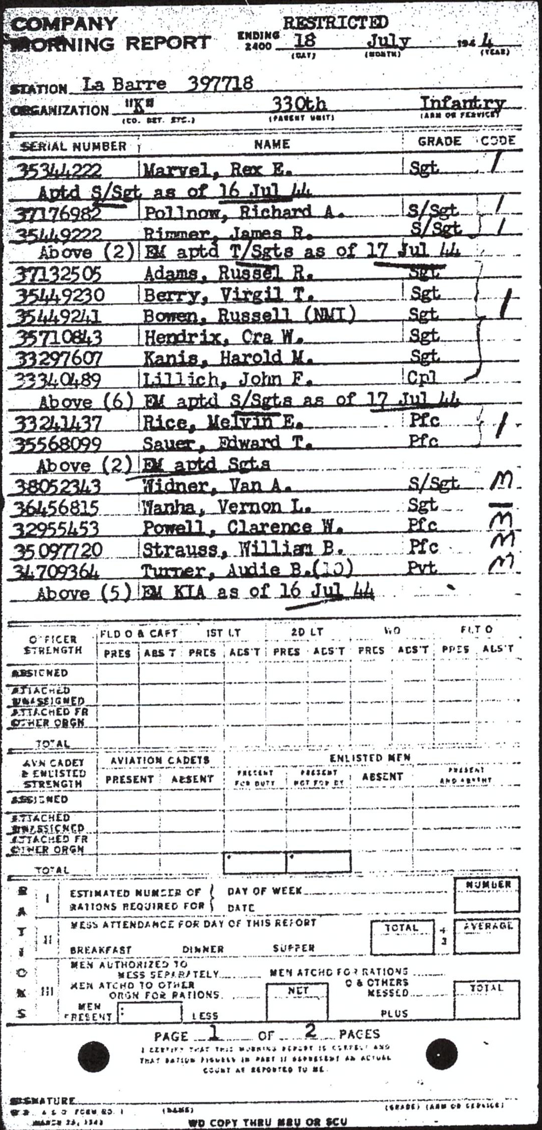 Morning report K Co, 1944-07-18, page 1 Morning report