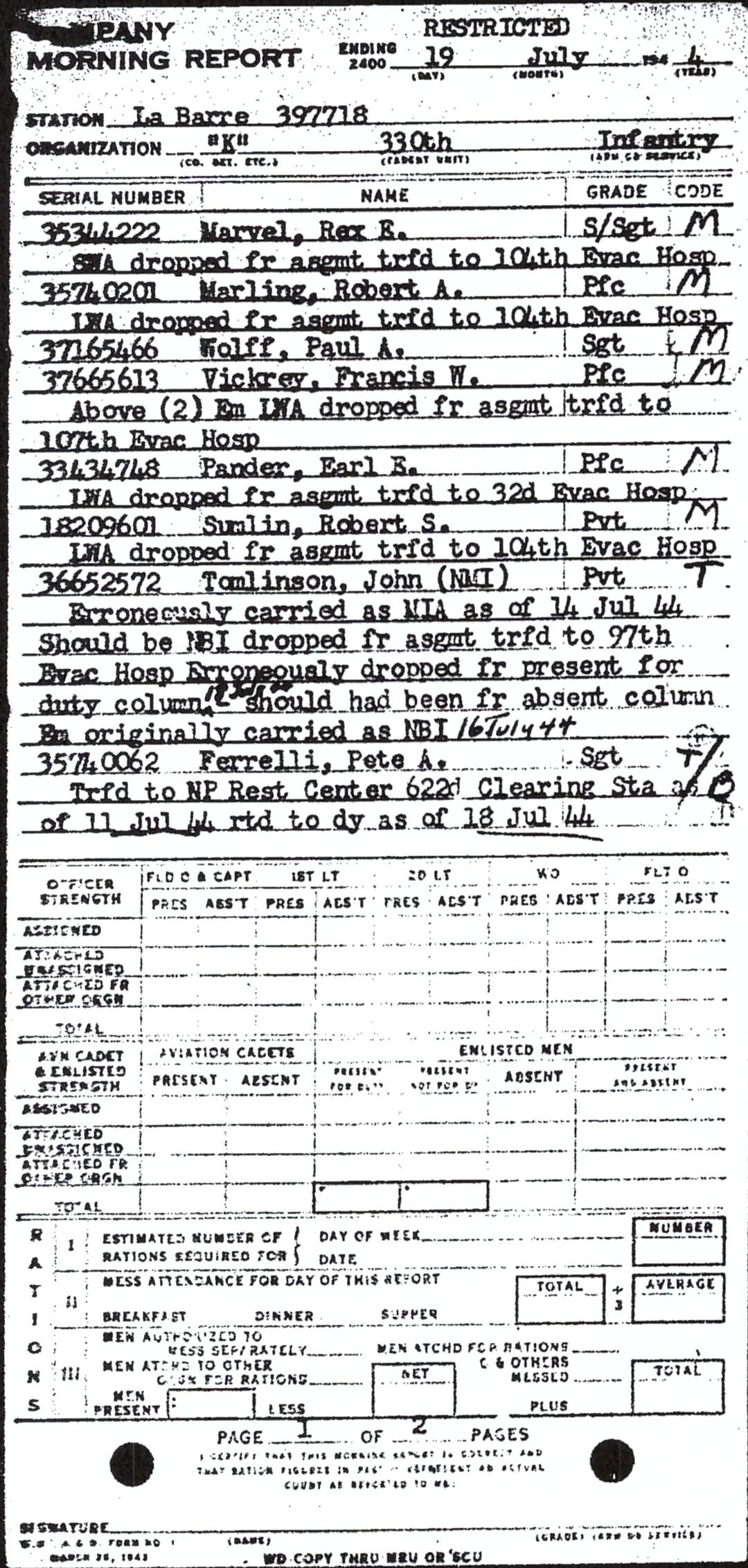 Morning report K Co, 1944-07-19, page 1 Morning report
