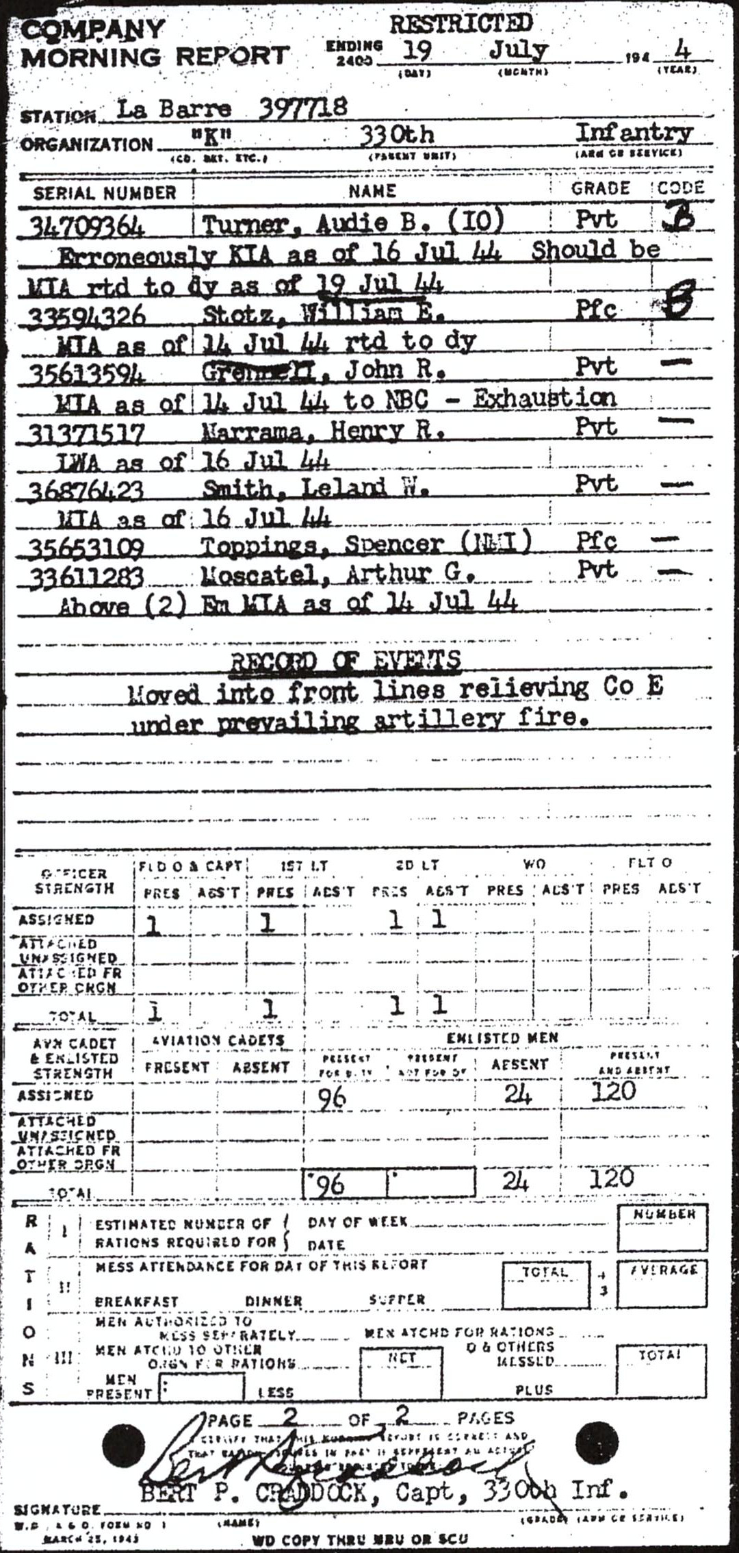 Morning report K Co, 1944-07-19, page 2 Morning report