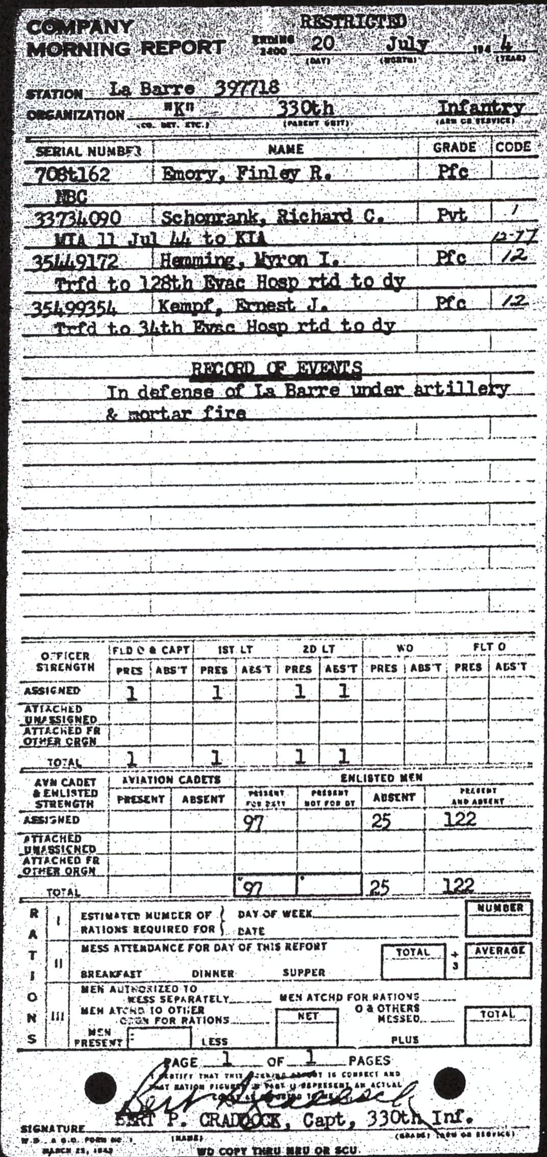 Morning report K Co, 1944-07-20, page 1 Morning report