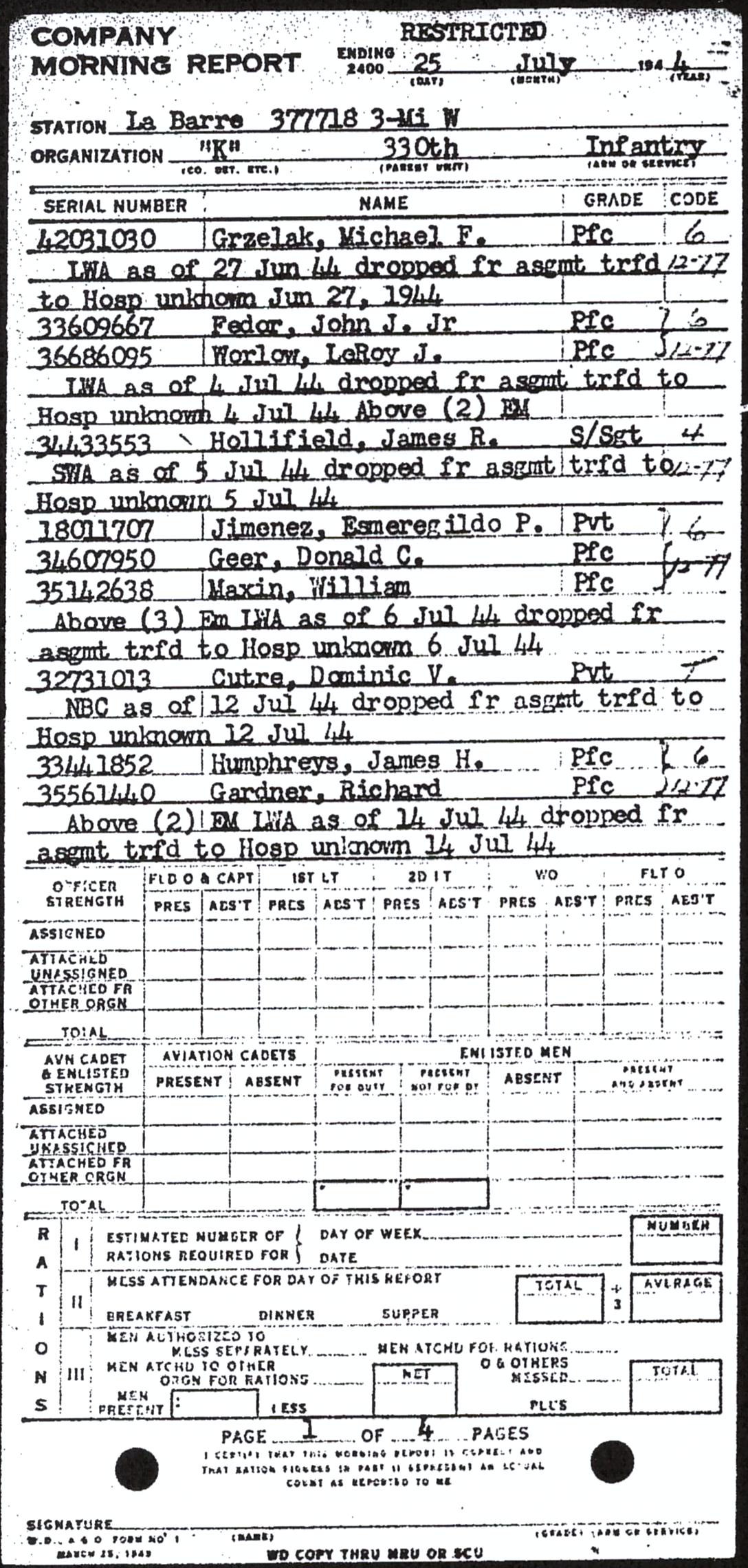 Morning report K Co, 1944-07-25, page 1 Morning report