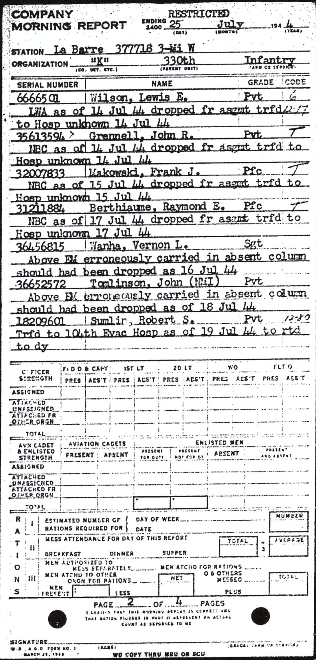 Morning report K Co, 1944-07-25, page 2 Morning report