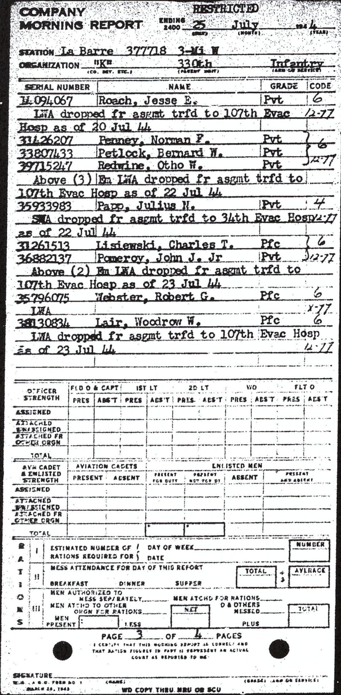 Morning report K Co, 1944-07-25, page 3 Morning report