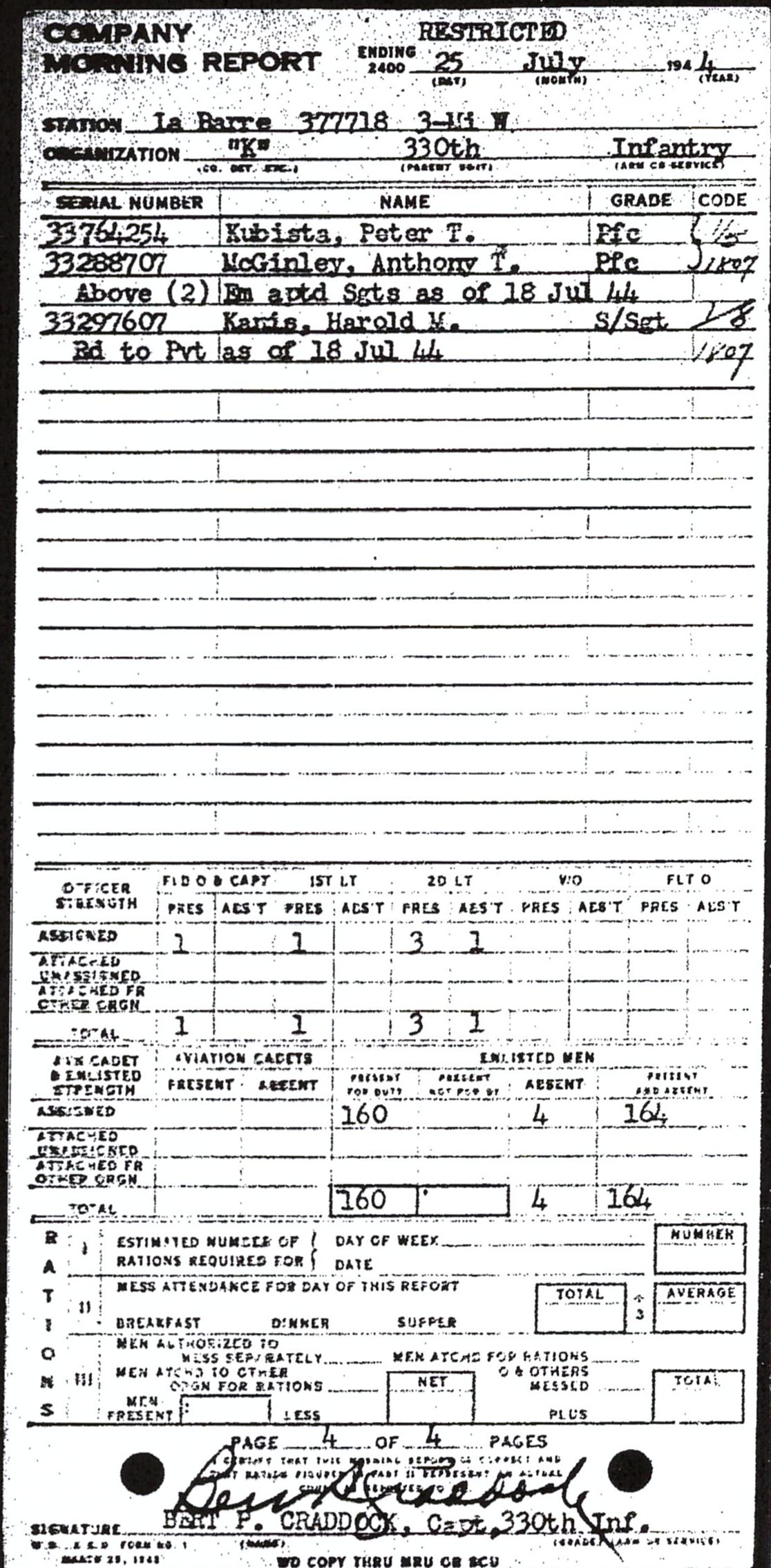 Morning report K Co, 1944-07-25, page 4 Morning report