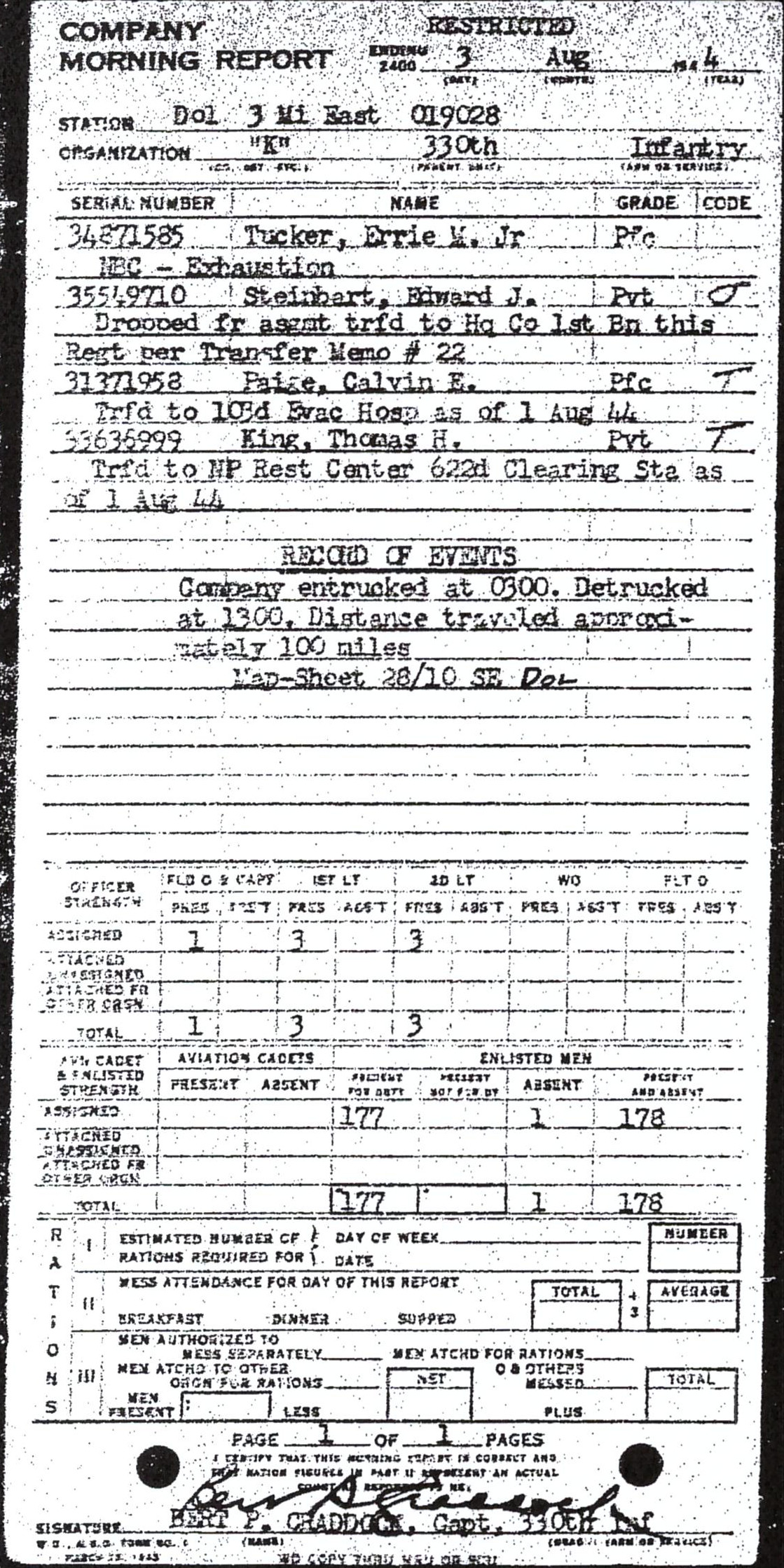 Morning report K Co, 1944-08-03, page 1 Morning report