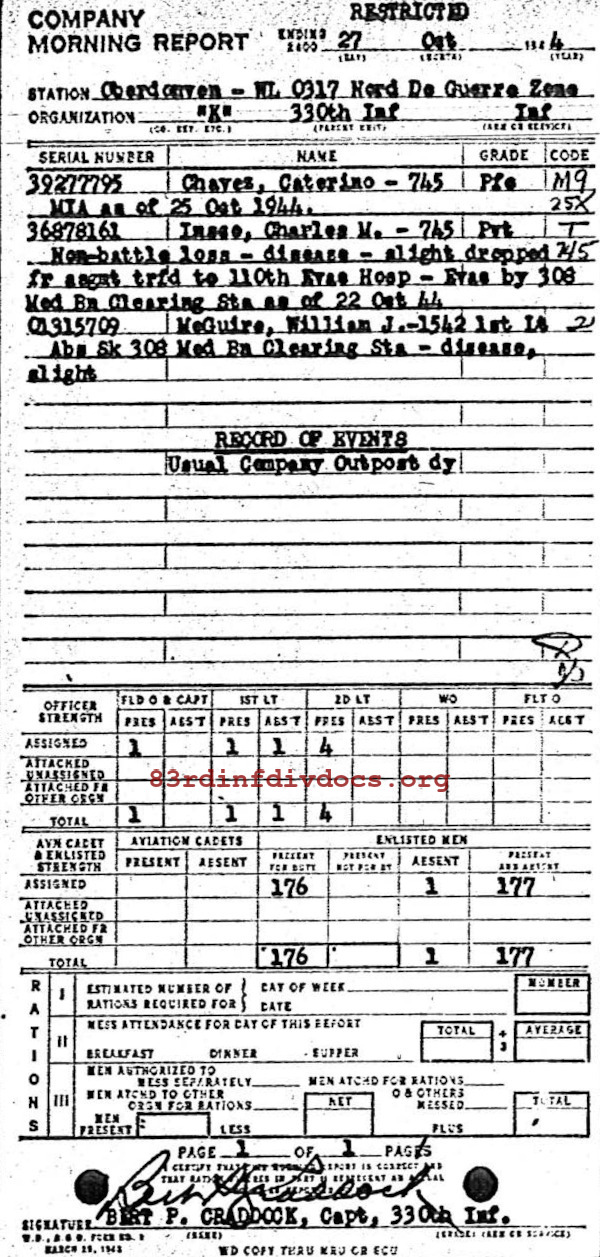 Morning report K Co, 1944-10-27, page 1 Morning report