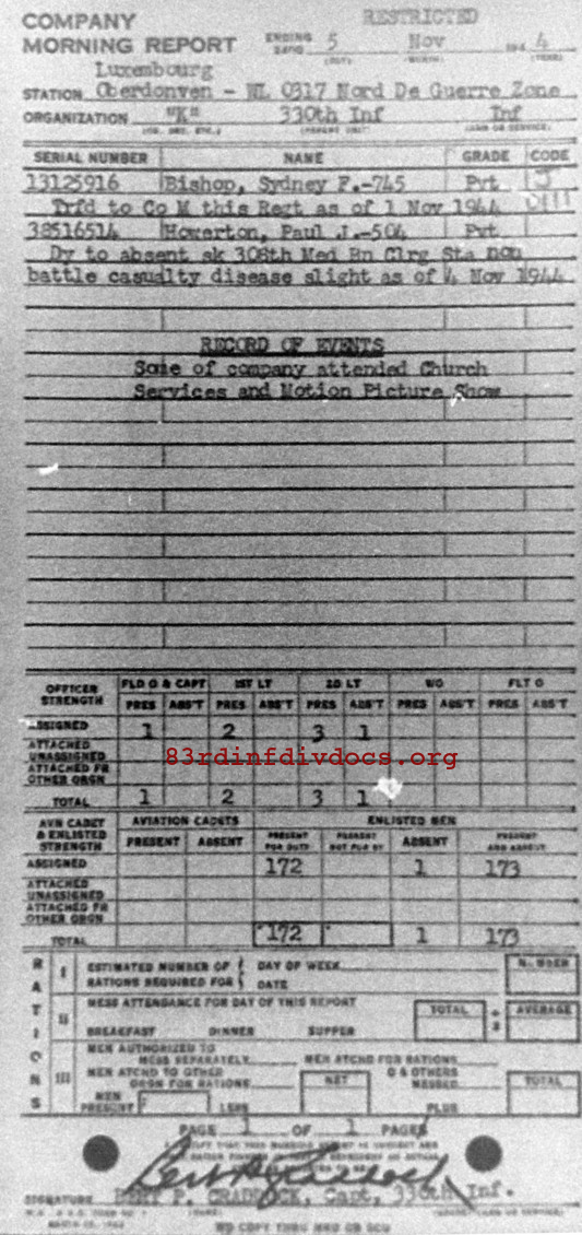 Morning report K Co, 1944-11-05, page 1 Morning report