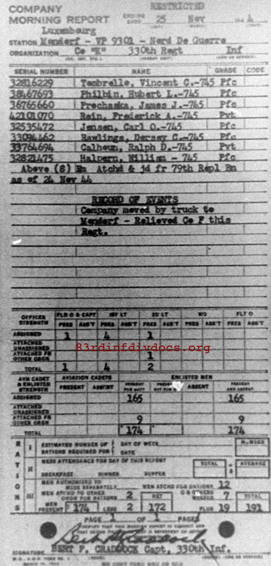 Morning report K Co, 1944-11-25, page 1 Morning report