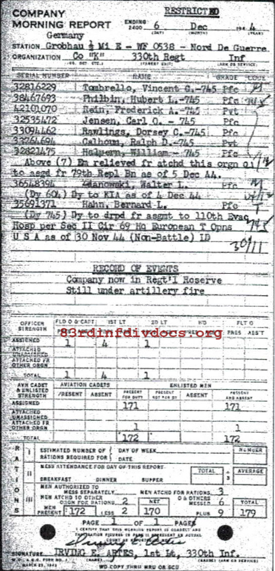 Morning report K Co, 1944-12-06, page 1 Morning report