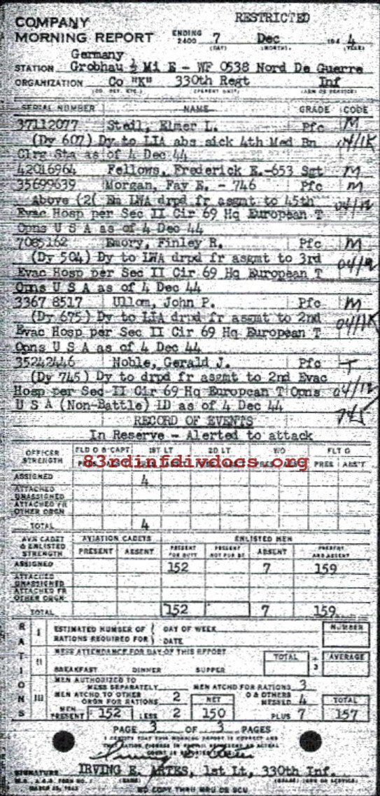 Morning report K Co, 1944-12-07, page 3 Morning report