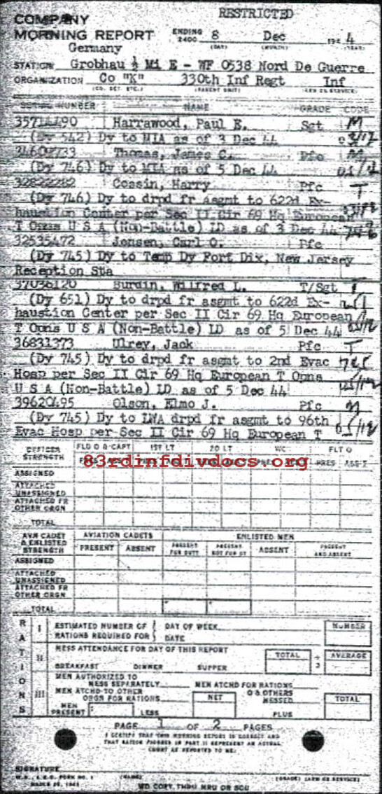 Morning report K Co, 1944-12-08, page 1 Morning report