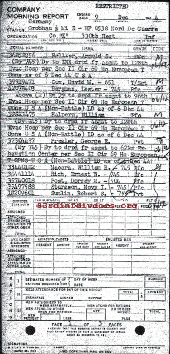 Morning report K Co, 1944-12-09, page 1 Morning report