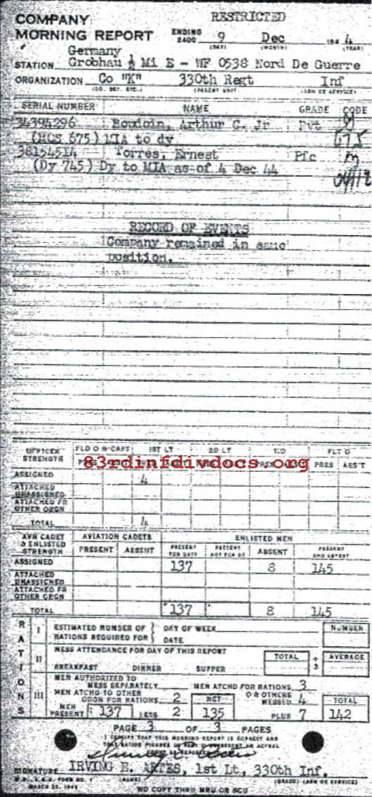 Morning report K Co, 1944-12-09, page 3 Morning report