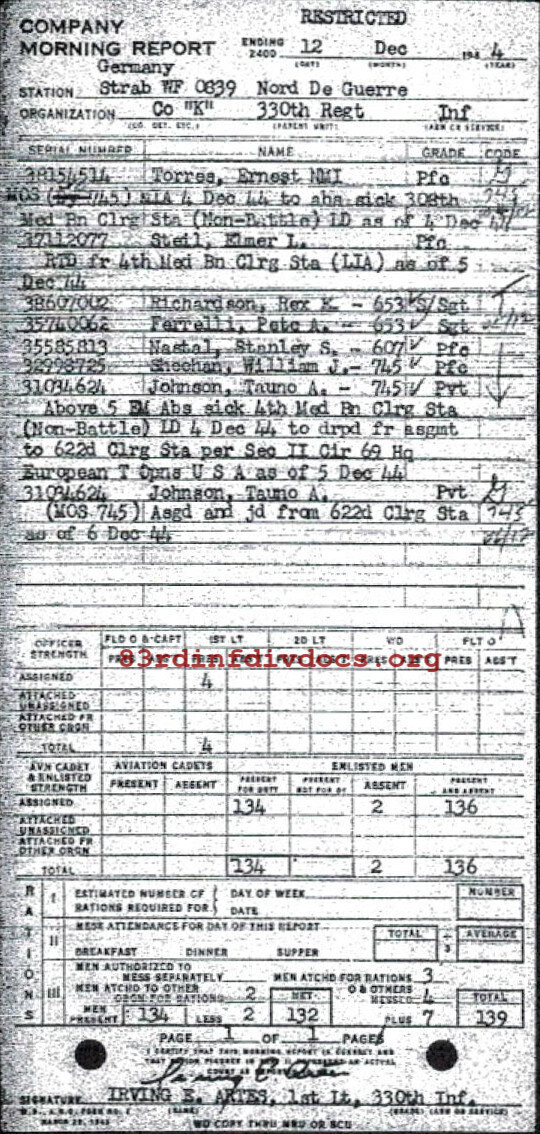Morning report K Co, 1944-12-12, page 1 Morning report