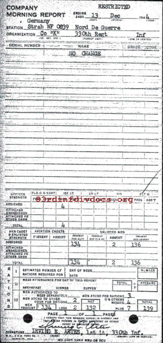 Morning report K Co, 1944-12-13, page 1 Morning report