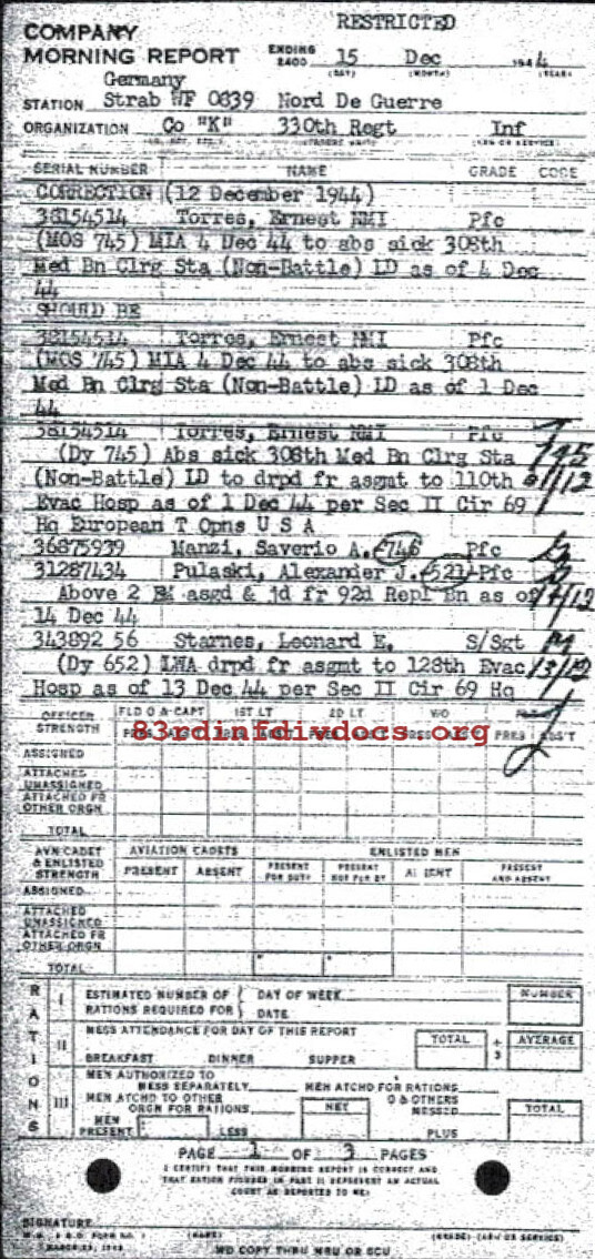 Morning report K Co, 1944-12-15, page 1 Morning report