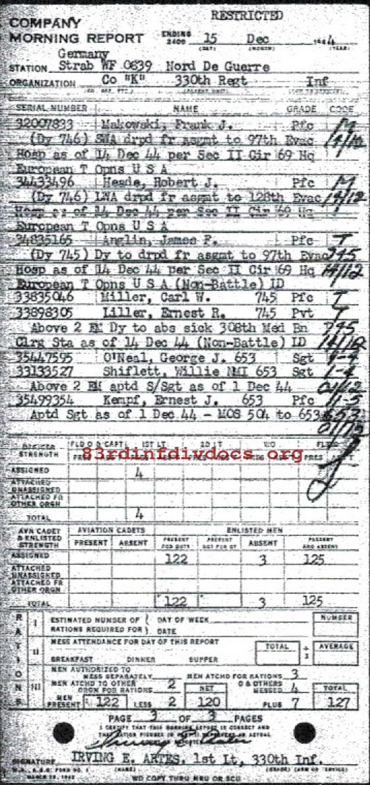 Morning report K Co, 1944-12-15, page 3 Morning report