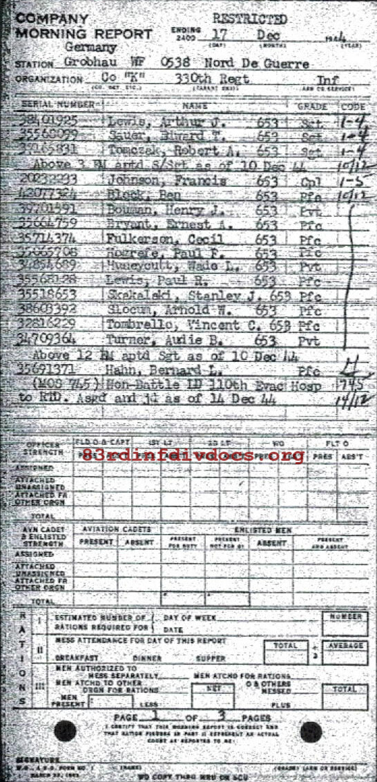 Morning report K Co, 1944-12-17, page 1 Morning report