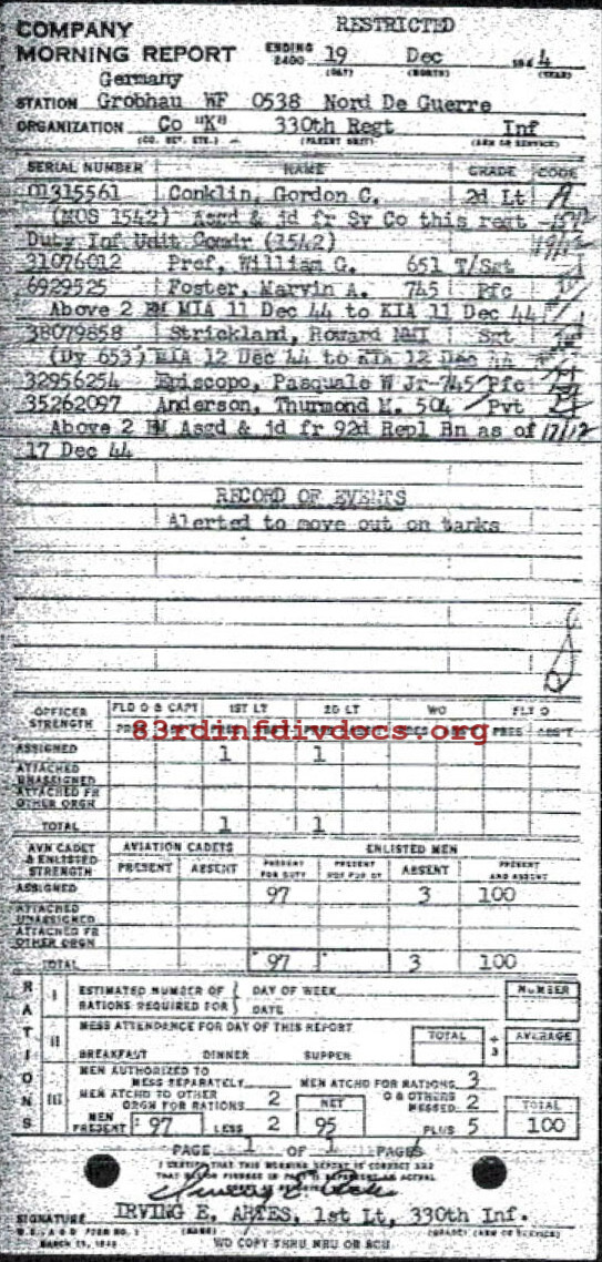 Morning report K Co, 1944-12-19, page 1 Morning report