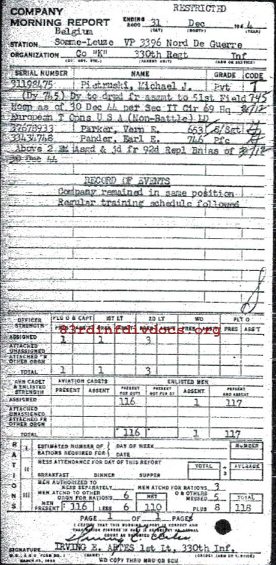Morning report K Co, 1944-12-31, page 1 Morning report