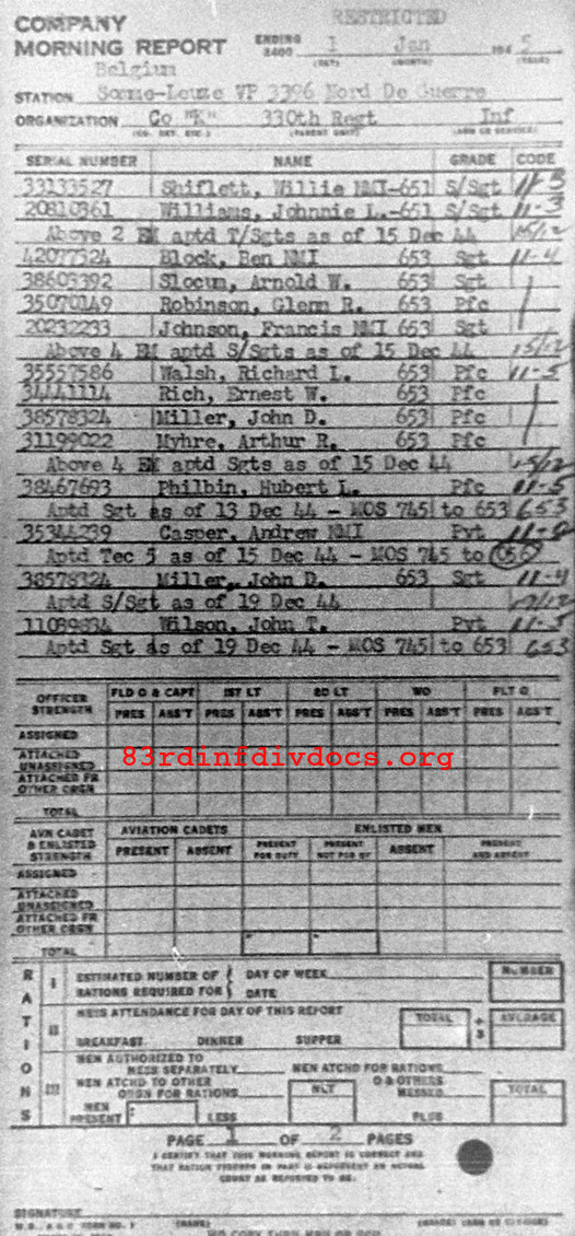 Morning report K Co, 1945-01-01, page 1 Morning report