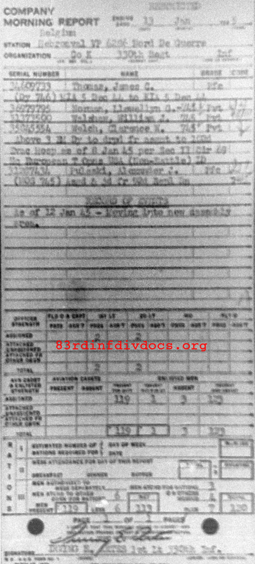 Morning report K Co, 1945-01-13, page 1 Morning report