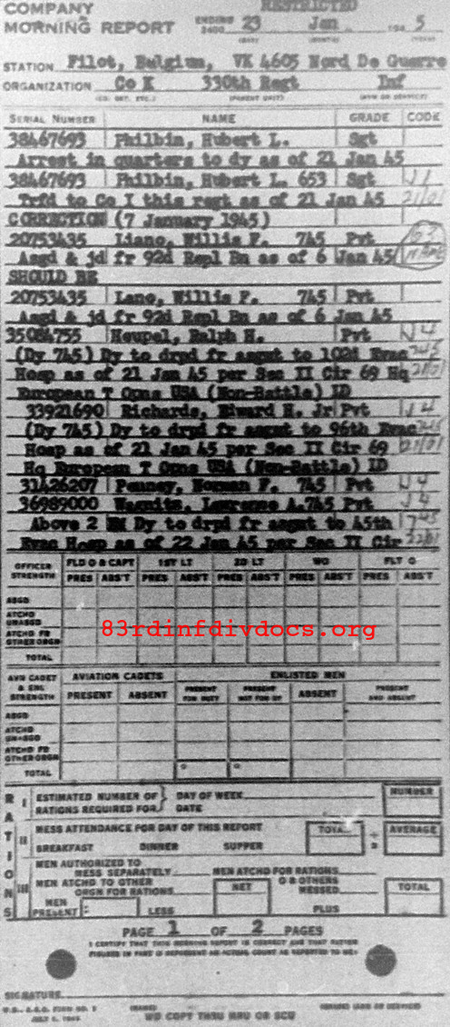 Morning report K Co, 1945-01-23, page 1 Morning report