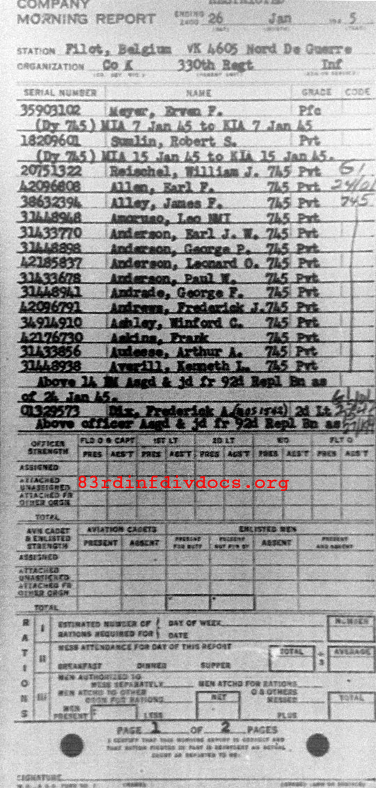 Morning report K Co, 1945-01-26, page 1 Morning report