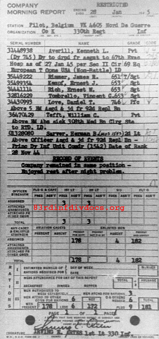 Morning report K Co, 1945-01-28, page 1 Morning report