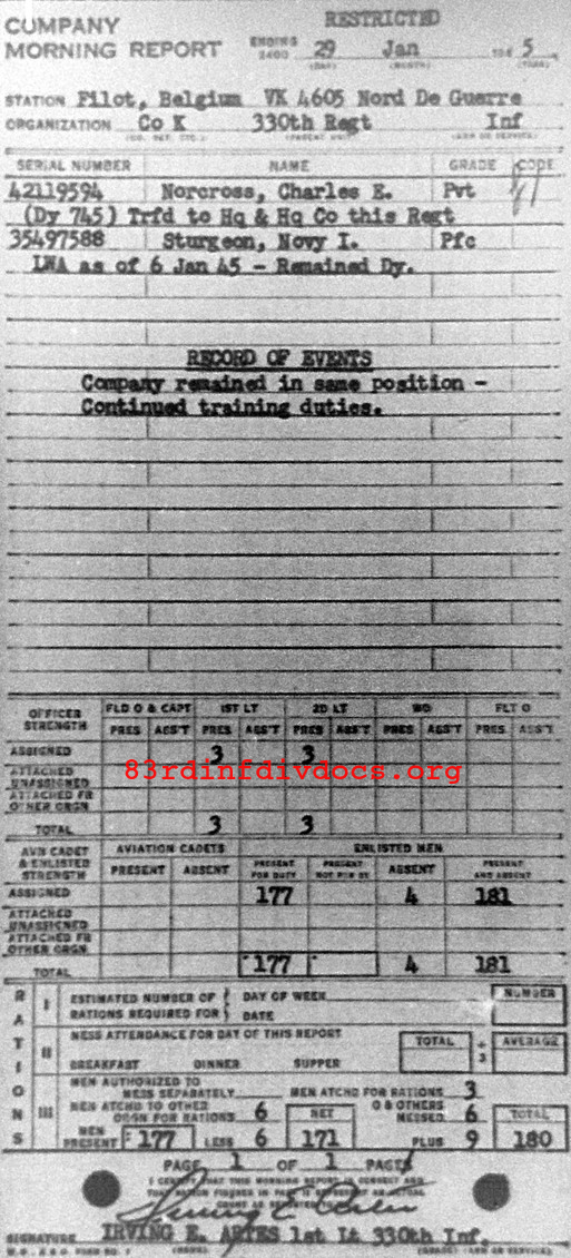 Morning report K Co, 1945-01-29, page 1 Morning report