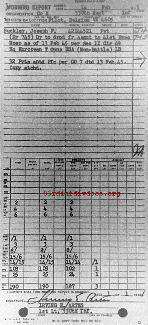 Morning report K Co, 1945-02-14, page 1 Morning report