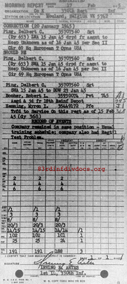 Morning report K Co, 1945-02-17, page 1 Morning report