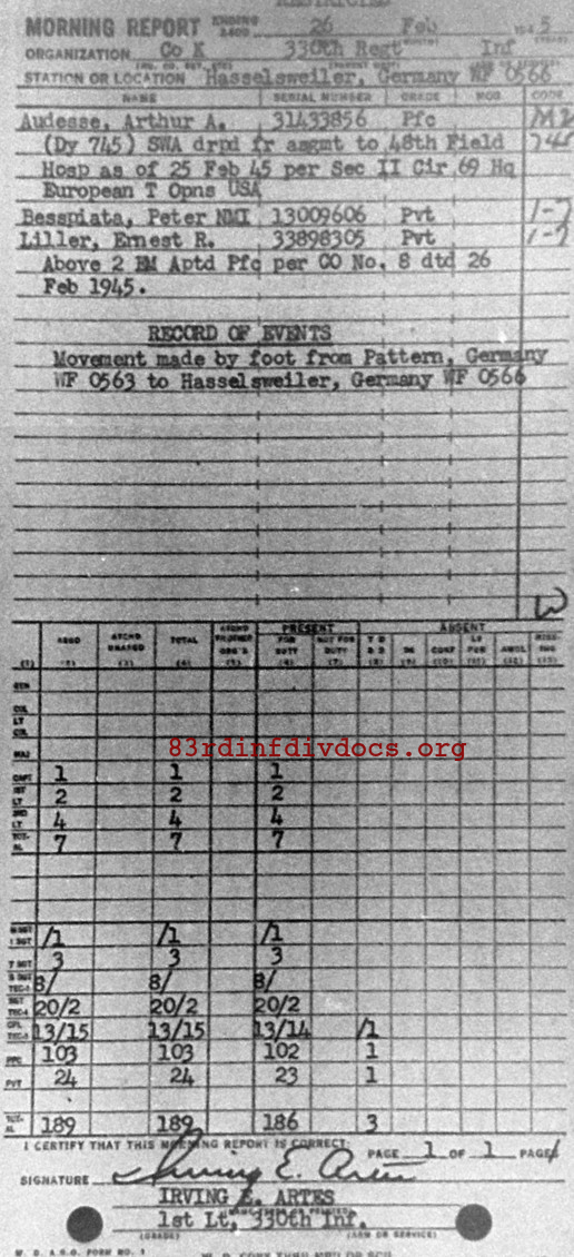 Morning report K Co, 1945-02-26, page 1 Morning report