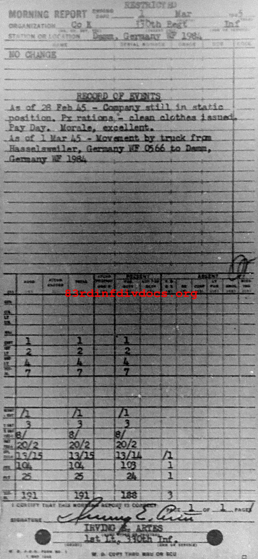 Morning report K Co, 1945-03-01, page 1 Morning report