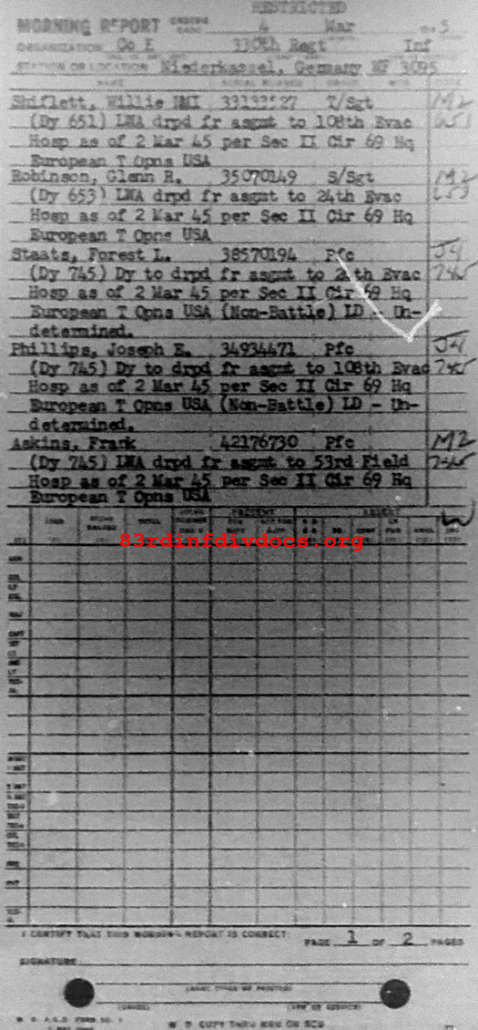 Morning report K Co, 1945-03-04, page 1 Morning report