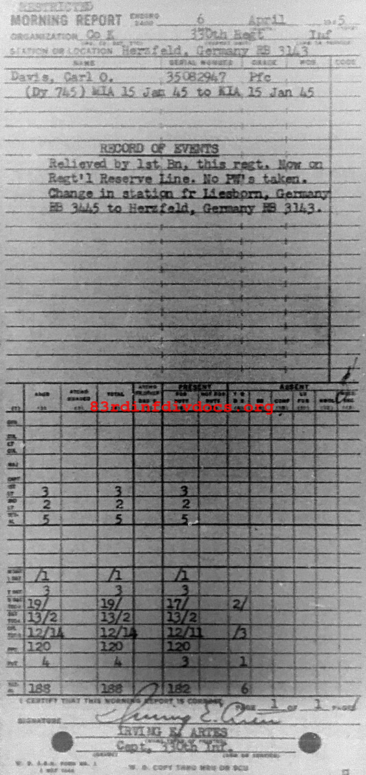 Morning report K Co, 1945-04-06, page 1 Morning report