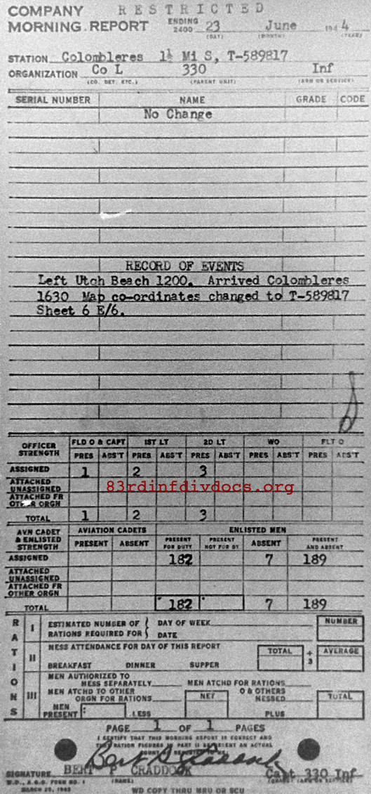 Morning report L Co, 1944-06-23, page 1 Morning report