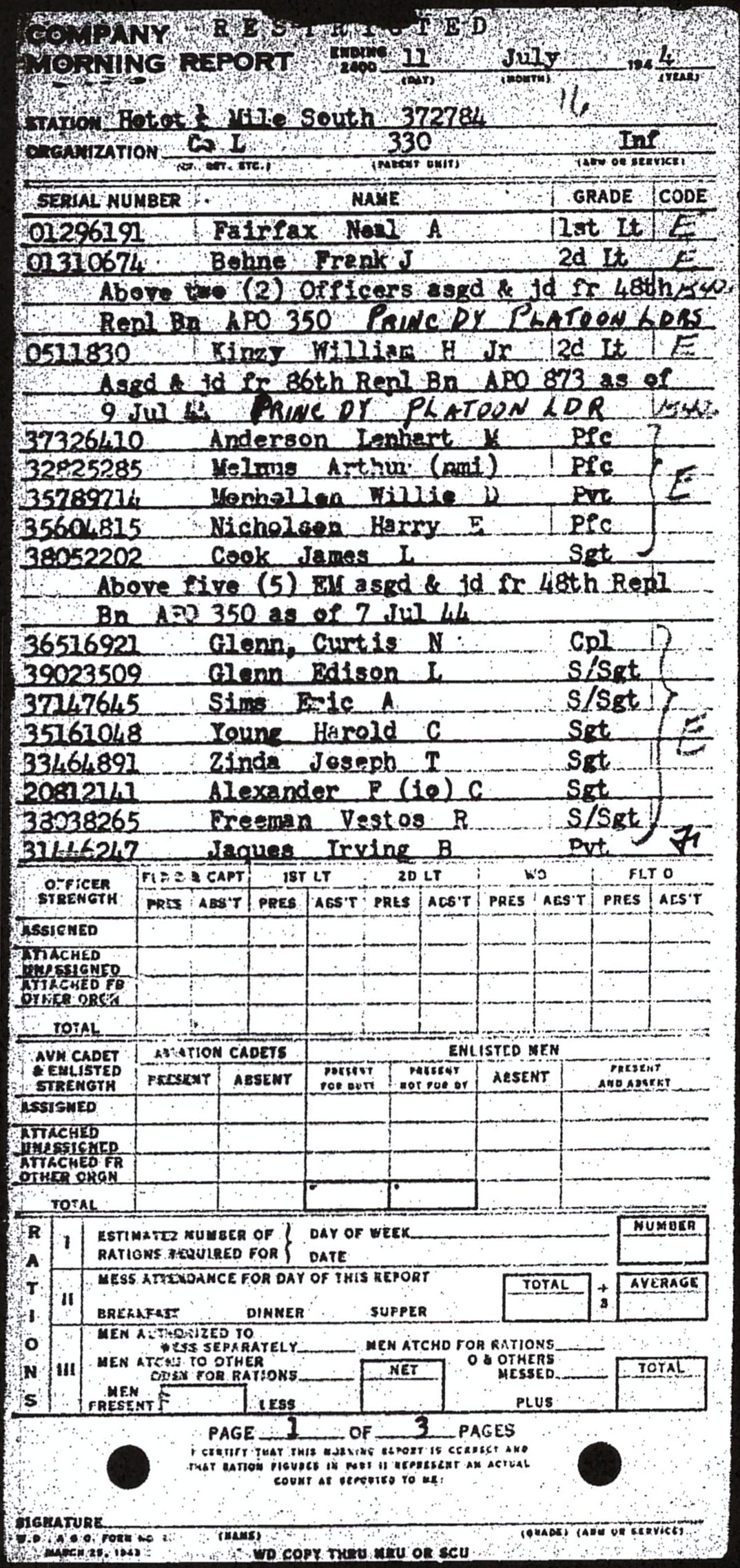 Morning report L Co, 1944-07-11, page 1 Morning report