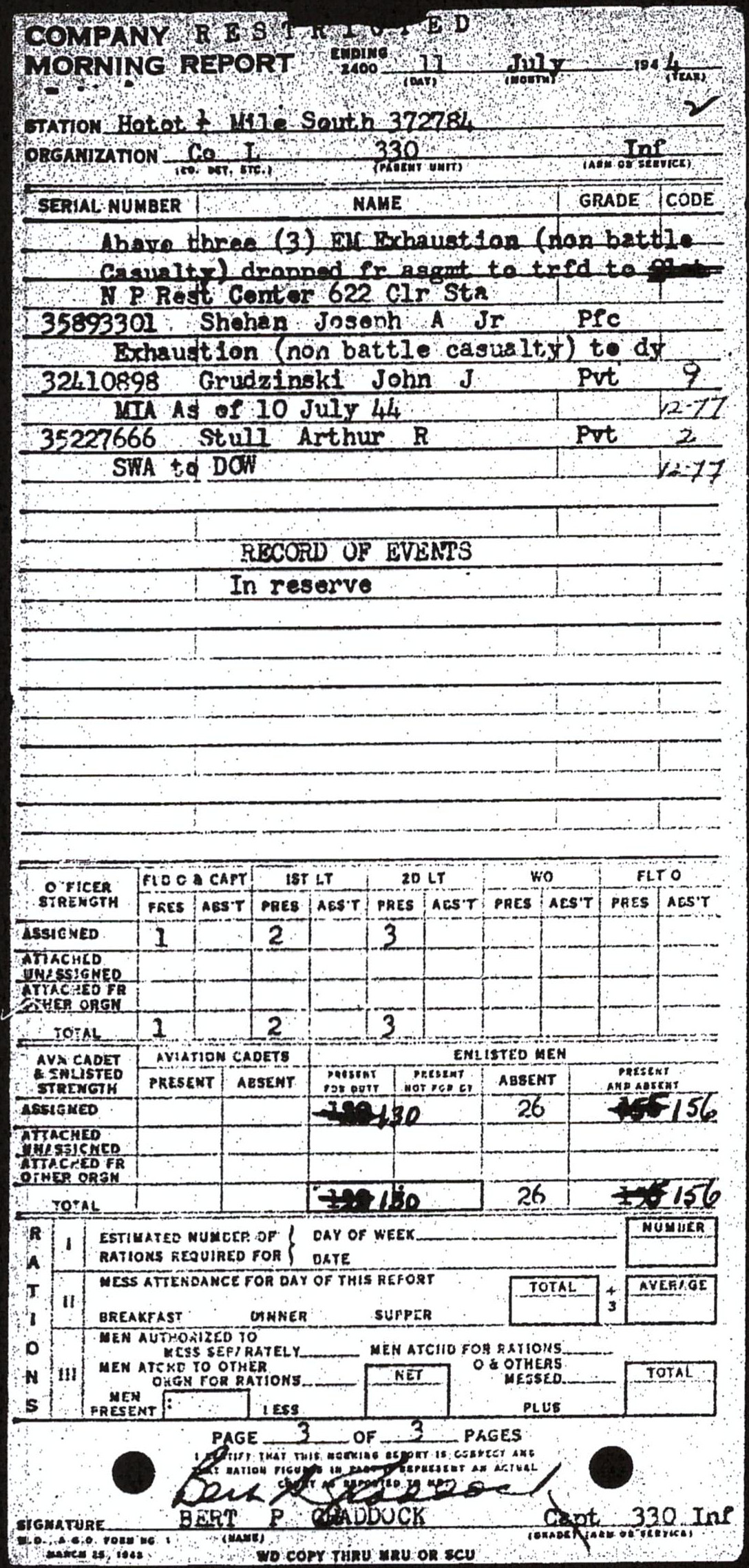 Morning report L Co, 1944-07-11, page 3 Morning report