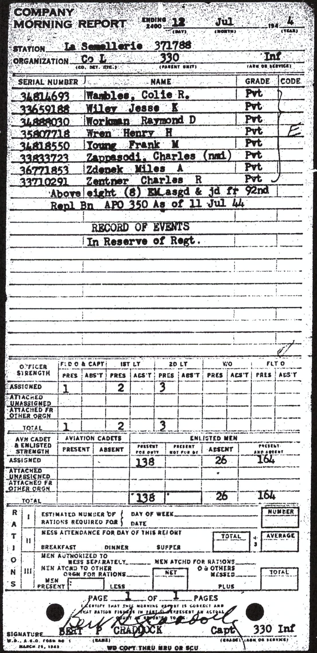 Morning report L Co, 1944-07-12, page 1 Morning report