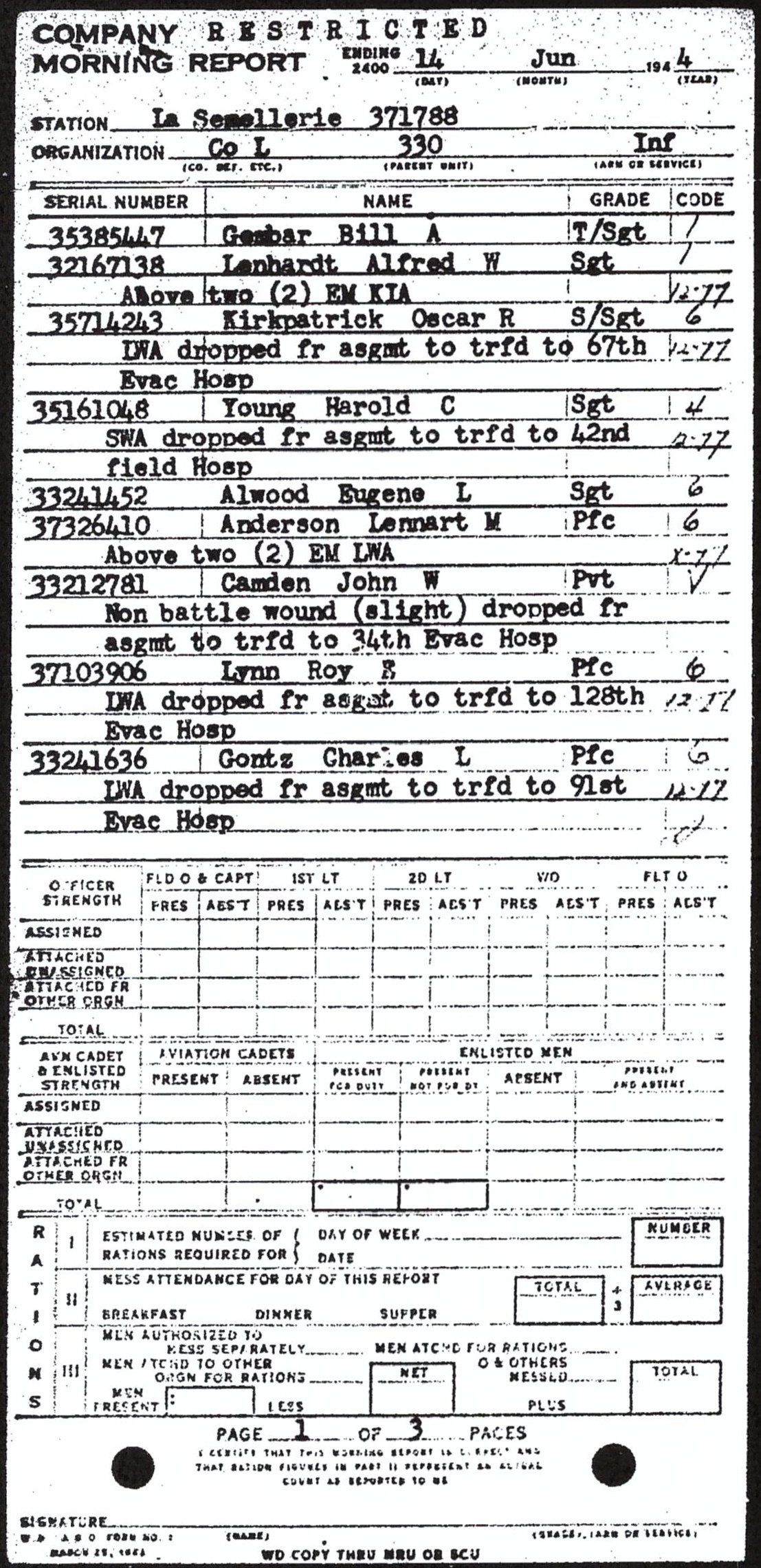 Morning report L Co, 1944-07-14, page 1 Morning report